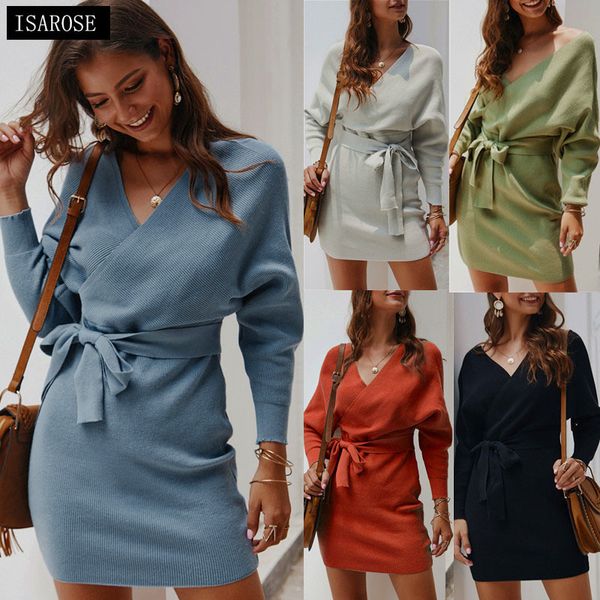 Isarose Femmes Robe Pull Tricotée Automne Hiver Moulante Col V Longue Manches Chauve-Souris Ceinturée 5 Couleurs High Street Lady Robes 210422