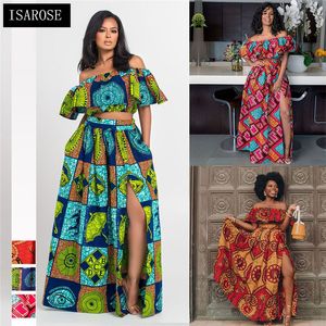 Isarose Vrouwen Sexy Feestjurk Sets 2 Stuks Rijke Bazin Dashiki Print Slash Neck Crop Tops Afrikaanse Ankara Plus Size Maxi Jurken 210422