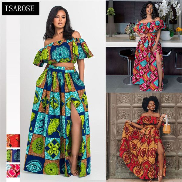 ISAROSE Mujeres Sexy Vestido de fiesta Conjuntos 2 piezas Rich Bazin Dashiki Imprimir Slash Cuello Crop Tops African Ankara Plus Tamaño Maxi Vestidos 210422