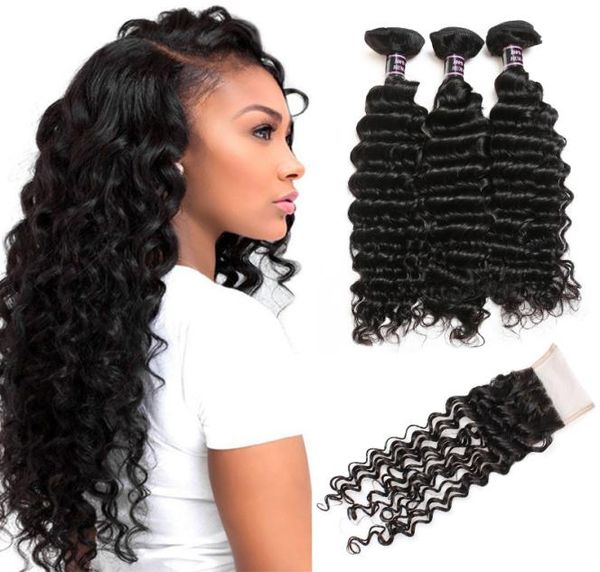 Ishow 10A Brasileño Onda Profunda Rizado 4 Paquetes con Cierre Extensiones de Cabello Humano Peruano Malasio para Mujeres Niñas Todas las Edades Natur1750770