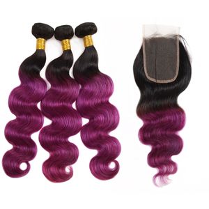 Ombre Color Hair Weaves Extensions 3 Bundles con cierre T1B/Púrpura T1B/99J Campo Cabello humano Recto