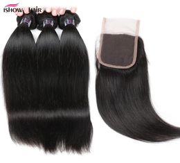 Ishow 10a vison paquets brésiliens à cheveux humains raides avec fermeture en dentelle vierge péruvienne trébuche de tissage malaisien pour les filles A4538119