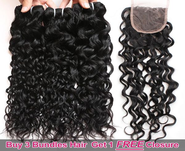 Ishow Big S Promotion Acheter 3 paquets Obtenez une fermeture Brésilien Water Wave Peruvian Human Hair Extensions for Women Girls All7406287