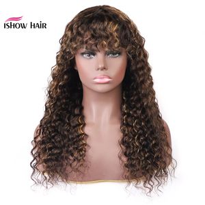 Ishow Braziliaanse 4/27 Ombre Deep Wave Menselijk Haar Pruiken met Pony Peruviaanse diepe krullende Geen Lace Pruiken Indian Maleisisch voor zwarte vrouwen