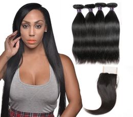 Ishow cheveux brésiliens tisse 10A paquets de cheveux humains avec fermeture Extensions de cheveux péruviens droits 4 paquets trames pour femmes filles A7640689