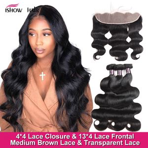 Ishow Bundles de cheveux humains vierges brésiliens avec fermeture frontale en dentelle transparente vague de corps malaisien péruvien pour femmes de tous âges 8-28 pouces couleur naturelle noir