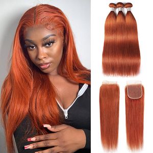 Ishow Brazilian Virgin Weave Extensiones Body Wave 8-28 pulgadas para mujeres # 350 Tramas rectas sedosas Color naranja jengibre Remy Paquetes de cabello humano con cierre peruano