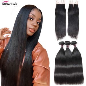 Ishow Braziliaanse Virgin Weave Extensions Body Wave 8-28 Inch voor Dames Rechte WEKS JET Black Color Menselijk Haarbundels met Kantsluiting Peruviaans