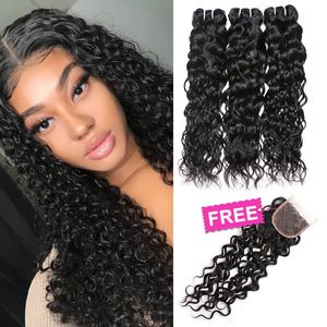 Ishow Achetez 3 PCS Bundles de cheveux humains Obtenez une fermeture de partie gratuite Vague d'eau brésilienne Extensions péruvienne Trame pour les femmes de tous âges Couleur noire naturelle 8-28 pouces