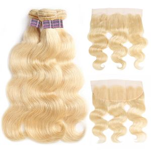 Ishow Brésilien Body Wave Bundles de Cheveux Humains Extensions 3pcs avec Fermeture Frontale en Dentelle 613 Couleur Blonde pour Femmes Tous Âges 10-30 pouces