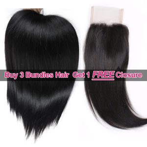 Ishow Hair Promotion de grosses ventes Achetez 3 lots de extensions de cheveux raides péruviens malaisiens Brailizan de 8 à 28 pouces, obtenez 1 fermeture à dentelle gratuite pour femmes et filles, couleur naturelle