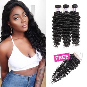 Ishow Big Sales Promotion Bundles de cheveux humains Extensions Weave Wefts Achetez 3 PCS Obtenez une partie gratuite Fermeture brésilienne vague profonde péruvienne pour femme Noir 8-28 pouces