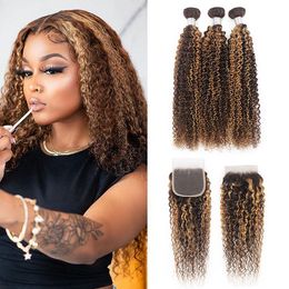 Ishow Highlight 4/27 Coucy Curly Human Hair Bundles Tofts with Close Straite Body Wave Extensions Virgin Extensions 3 / 4pcs Colored Ombre brun pour les femmes 8-28 pouces