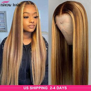 Ishow Highlight P4 / 27 Perruques de cheveux humains droites 28 32 34 40 pouces Omber Pré-plumé 4x4 Fermeture Lace Front Wig Coloré Ombre Body Loose Deep Wave