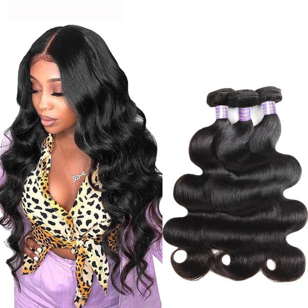 Ishow Paquetes de cabello humano Trama 3PCS Onda del cuerpo brasileño Venta al por mayor Extensiones de cabello malasio peruano para mujeres de todas las edades Negro azabache 8-28 pulgadas