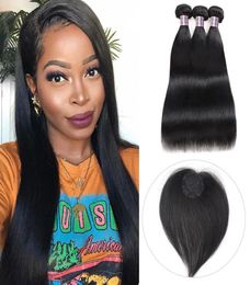 Ishow Bundles de cheveux humains avec fermeture Extensions de cheveux vierges droites 34pcs avec fermeture circulaire de cheveux pour femmes noires5990862