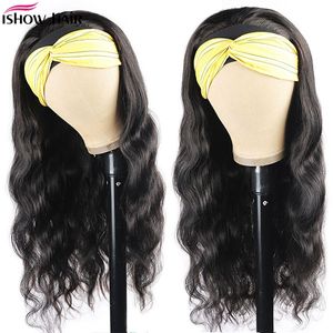 Ishow Menselijk Haar Pruiken met Hoofdbanden Gemakkelijk te Installeren Body Yaki Straight Water Hoofdband Pruik Losse Diepe Krullende Geen Kant Pruik Voor Vrouwen Alle leeftijden Natuurlijke kleur 8-28inch