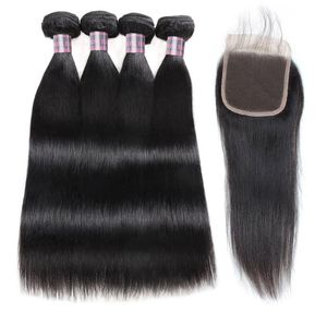 Ishow Extensions droites tissent 4 paquets et 4x4 fermeture en dentelle paquets de cheveux humains vierges avec fermeture pour femmes filles noir de jais All1523310