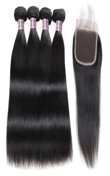 Ishow Extensiones rectas tejen 4 paquetes y cierre de encaje 4x4 Paquetes de cabello humano virgen con cierre para mujeres niñas Jet Black All4527230