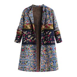 ISHOWTIENDA nuevas mujeres invierno cálido prendas de vestir botón estampado Floral bolsillo Vintage abrigo de gran tamaño Manteau Femme Hiver 2018 abrigo mujer
