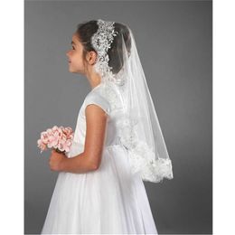 Ishsy Wedding Flower Girls First Communion Sluiers Lace Edge One Layer Kinderen Kinder Tuils Voiles Vult Velos de Novia X0726