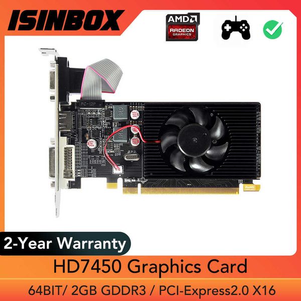 Tarjeta gráfica ISINBOX HD7450, 2GB, GDDR3, tarjeta de vídeo de 64 bits para AMD Radeon PCI-E PCIE 2,0 HD, interfaz VGA DVI, GPU, placa de vídeo