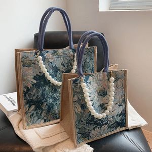 ISKYBOB sac fourre-tout marque de luxe sacs à main écologique grande plage en lin avec chaîne de perles Shopping sac à main 2024 en 240307