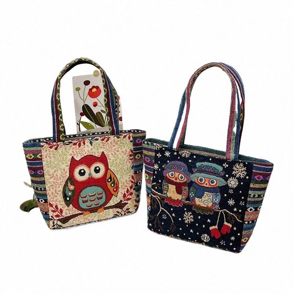 ISKYBOB Femmes Broidered Femmes Tote Bag Retro Owl Elephant Handbags Lady Sac à bandoulière réutilisable Sac de boutique réutilisable 2024 K8X7 #