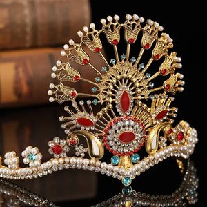 Islam Luxury Pearl Rhingestone Goldenen Crown Hollowed-Out Design Bridal Wedding Decoration Jewellery Tiara 240410