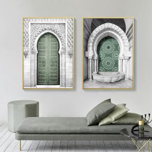 Caligrafía islámica sabr shukr kalimah puertas verdes grises lienzo pintura arte de pared imágenes estampado de la sala de estar decoración del hogar