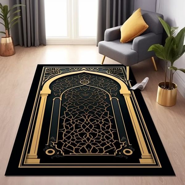 Carpets islamiques pour salon décoratif Qibla Tapis géométriques Lounge Soft Fluffy Bedside Floor Mats Black Gold Flannel Carpet 240403