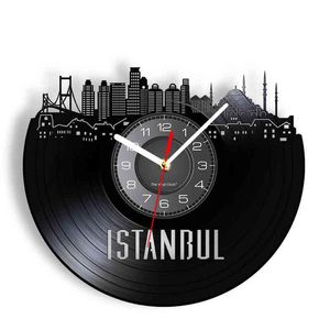 Istanbul Skyline horloge murale minimaliste paysage urbain turc décor à la maison rétro disque vinyle horloge montre murale Turquie voyage cadeau H1230