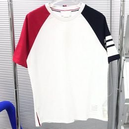 IT-THOM Heren dames T-shirts puur katoen Loopback Jersey wit bruin Gebreid Zomerkleding armstreep Sweatshirt Ronde hals Pullover Hoge kwaliteit 00142