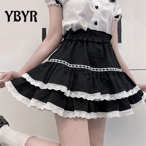 Ita femmes Mini jupes Sexy dentelle taille haute a-ligne noir jupe plissée école filles ourlet mignon Streetwear Harakuju 220401