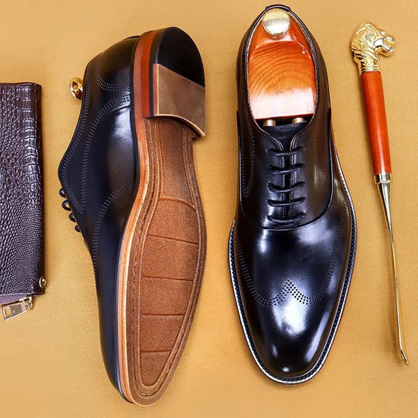 Zapatos de vestir Oxford de cuero genuino marrón negro de marca italiana, zapatos de traje con cordones de alta calidad, calzado, zapatos formales de boda para hombres 240118