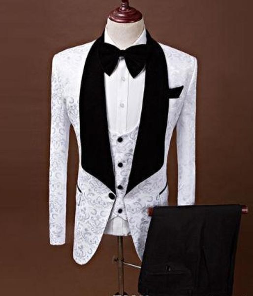 Italien Design Fleur Blanc Mens Robes Costumes Prom Set Costume Fumer Coat Slim Fit Wedding Cost For Men Groom Tuxedos8252621