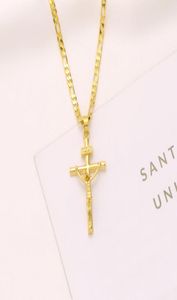 Italiaanse Inri Jesus Crucifix Cross Pendant Figaro Link Chain Necklace 9K Geel Solid Gold GF 60 cm 3mm Damesheren2597341