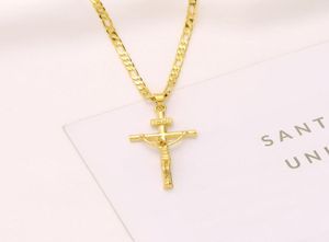 Italien Inri Jesus Crucifix Cross Pendant Figaro Link Chain Collier 9k Jaune Solid Gol