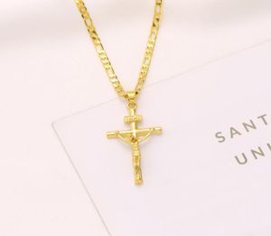 Italiaanse Inri Jezus Crucifix Cross Pendant Figaro Link Chain Necklace 9K Yellow Solid Gold GF 60 cm 3mm damesheren5061598