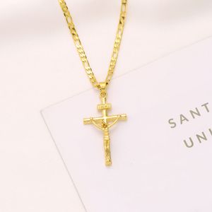 Italiaanse Inri Jezus Crucifix Cross Pendant Figaro Link Chain ketting 9K Geel Solid Gold GF 60 cm 3mm damesheren bbamp