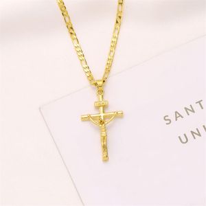 Italiaanse Inri Jezus Crucifix Cross Pendant Figaro Link Chain Necklace 9K Yellow Solid Gold GF 60 cm 3mm damesheren237o