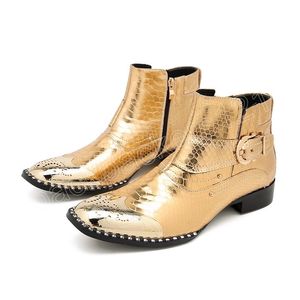 Bottines italiennes pour hommes, chaussures en cuir véritable doré, peau de serpent, bout carré en métal, robe formelle, Botas Hombre