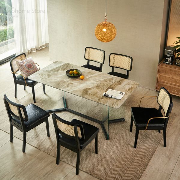 Mesas de comedor de apartamento pequeño de pizarra italiana Muestra moderna de madera maciza silla de comedor de ratán silla de mesa muebles