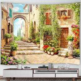 Italian Street Landscape Tapestry Vines Plantes Fleurs Vintage Architecture Garden Murs suspendues Maison Dorme Dort
