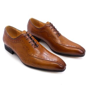 Zapatos de vestir Oxford de cuero genuino marrón negro de estilo italiano, zapatos de traje con cordones de alta calidad, calzado, zapatos formales de boda para hombres 240304
