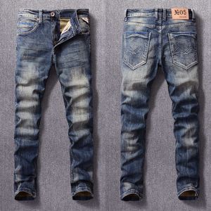 Style italien mode hommes jean de haute qualité rétro bleu foncé élastique mince déchiré Vintage concepteur pantalon Denim décontracté X6R0