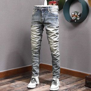 Italiaanse stijl mode mannen jeans hoge kwaliteit retro blauw elastische slim fit gescheurde vintage ontwerper casual denim broek