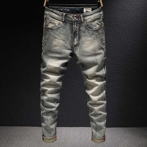 Style italien Mode Hommes Jeans Haute Qualité Élastique Coton Slim Fit Casual Denim Pantalon Rétro Vintage Designer Déchiré 38D3