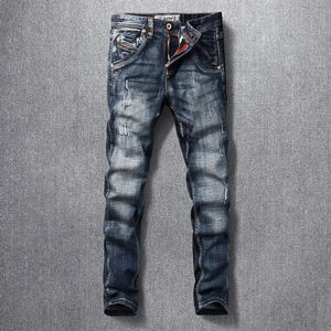 Italiaanse stijl Fashion Men Jeans hoogwaardige retro zwart blauw elastische slanke fit gescheurde vintage designer denim broek 240420