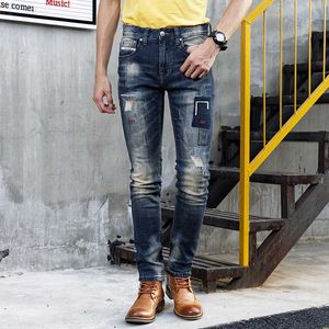 Italiaanse stijl mode mannen jeans retro donkerblauw elastische gescheurde denim broek borduurwerk designer hiphop katoen lange broek